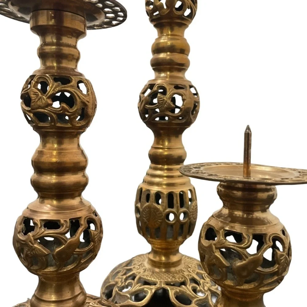 Vintage Ornate Filigree Brass Candle Holder Trio, 13 1/2 in, 9 1/2, 5 1/2
